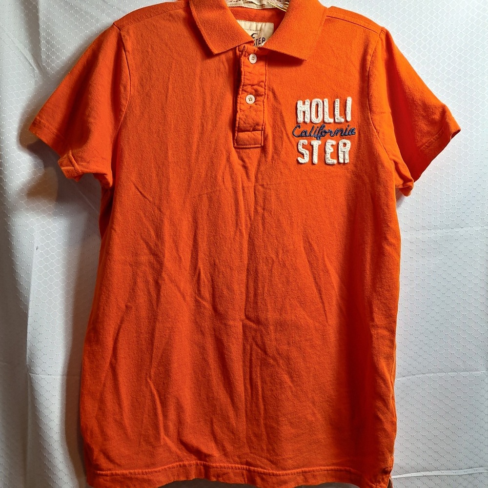 HOLLISTER Surfer Cut Raised Logo Polo Shirt Sz L Orange SoCal Short Sleeve Y2K